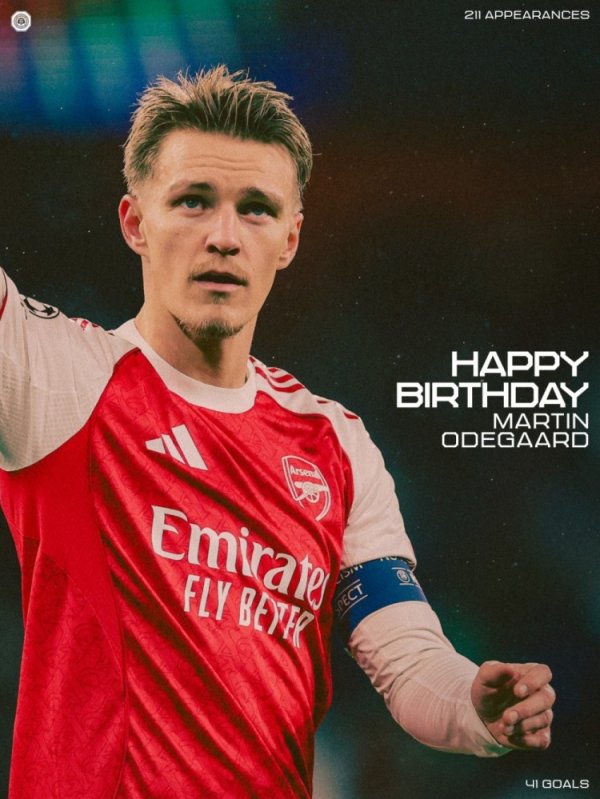 阿森纳祝厄德高27岁寿辰欢欣，球员加盟以来出战211场41球40助