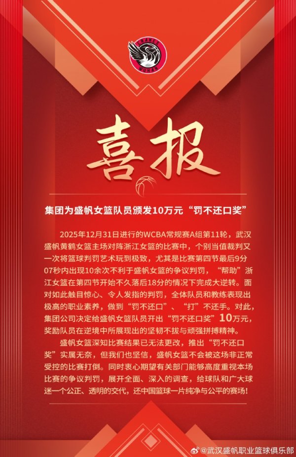赛后发罚不还口奖！武汉女篮因此被罚1万主动交2万：链接罚不还口